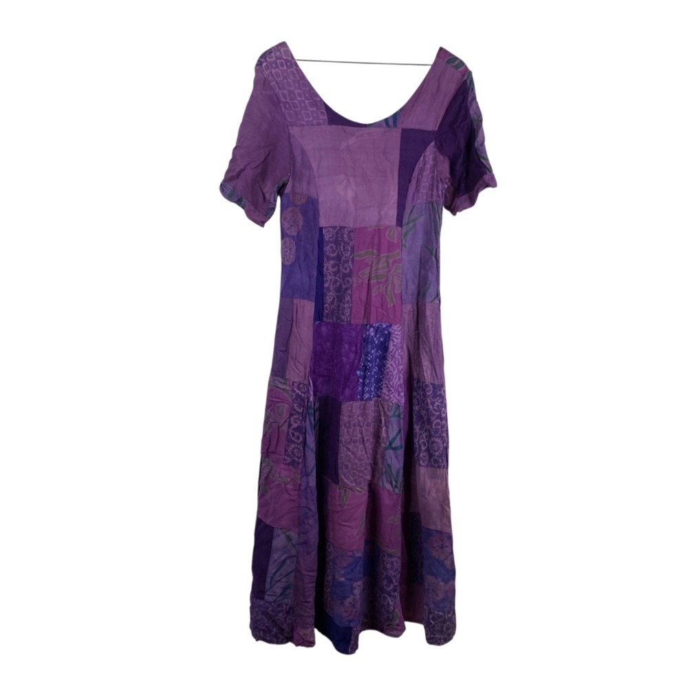 Cottage Core Boho Hippie Fairy Dress Patchwork Smocked Maxi Purple Size S